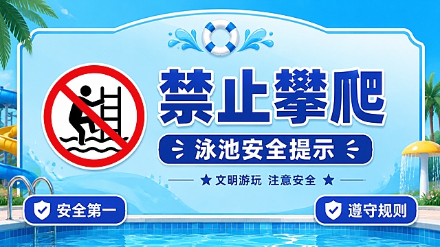 简约醒目的泳池水上乐园温馨提示标识牌，安全提示风格，画面清晰干净，版式精美，16:9横版。画面主体大标题文字为"禁止攀爬"，副标题文字为"泳池安全提示"，装饰文字为"文明游玩 注意安全"，左下角标签文字"安全第一"，右下角标签文字"遵守规则"。使用清爽的水蓝色渐变背景，搭配简约的泳池边框，风格醒目正式，提醒游客注意泳池安全。所有文字清晰可读，排版层次分明，符合16:9画面比例。