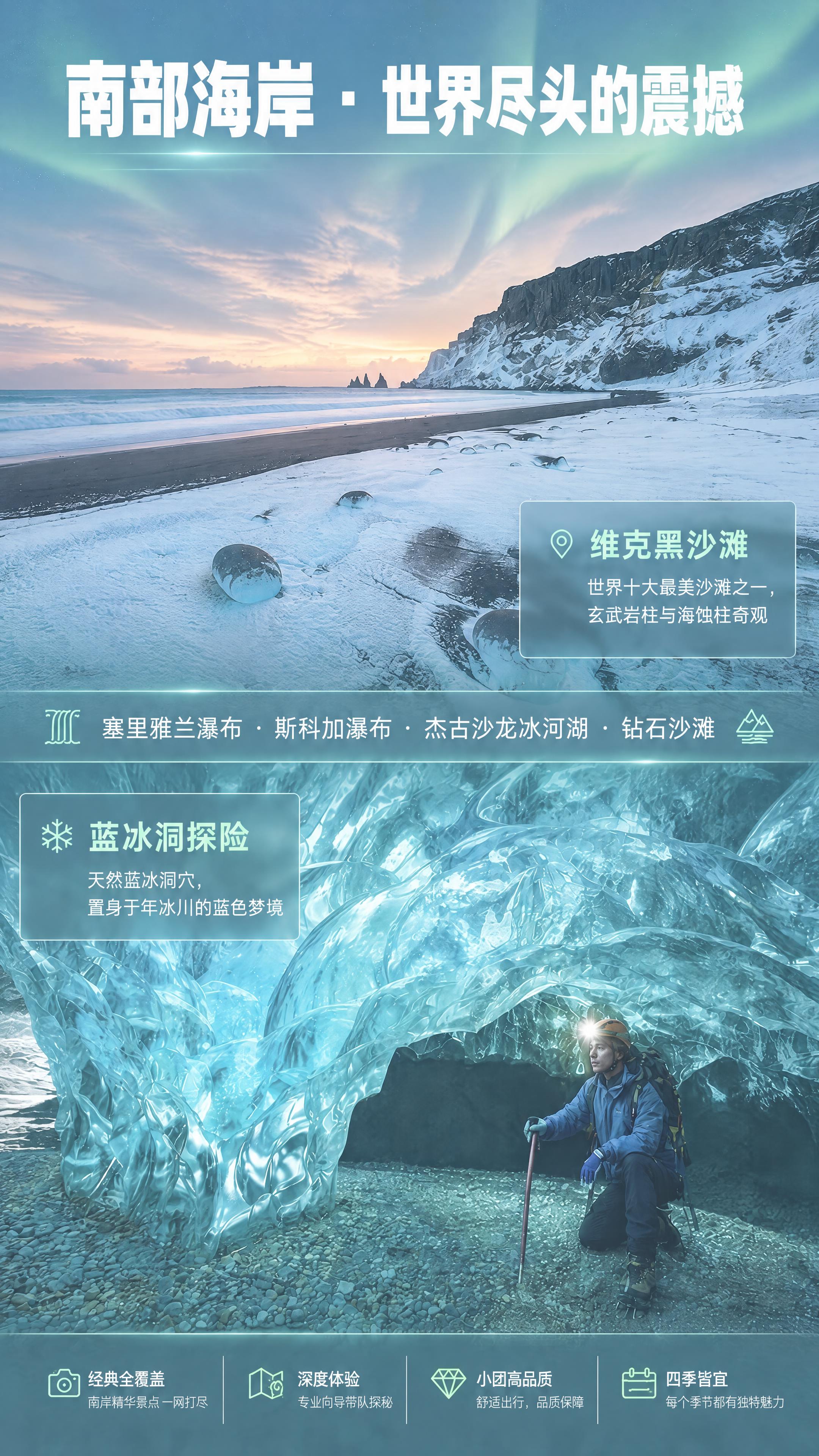 将这张南部海岸海报调整为淡雅极光色系风格。顶部极光调淡，降低饱… - 图片创意预览