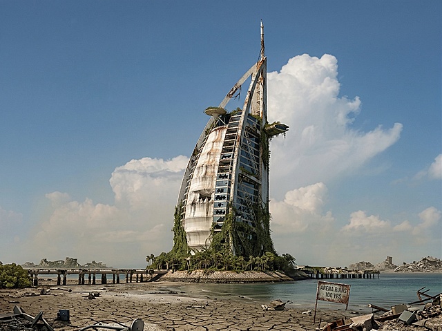 废土风格的未来都市遗迹，金属风建筑布满锈迹与裂纹，藤蔓缠绕，3D渲染呈现虚拟现实中的粗野主义美学。