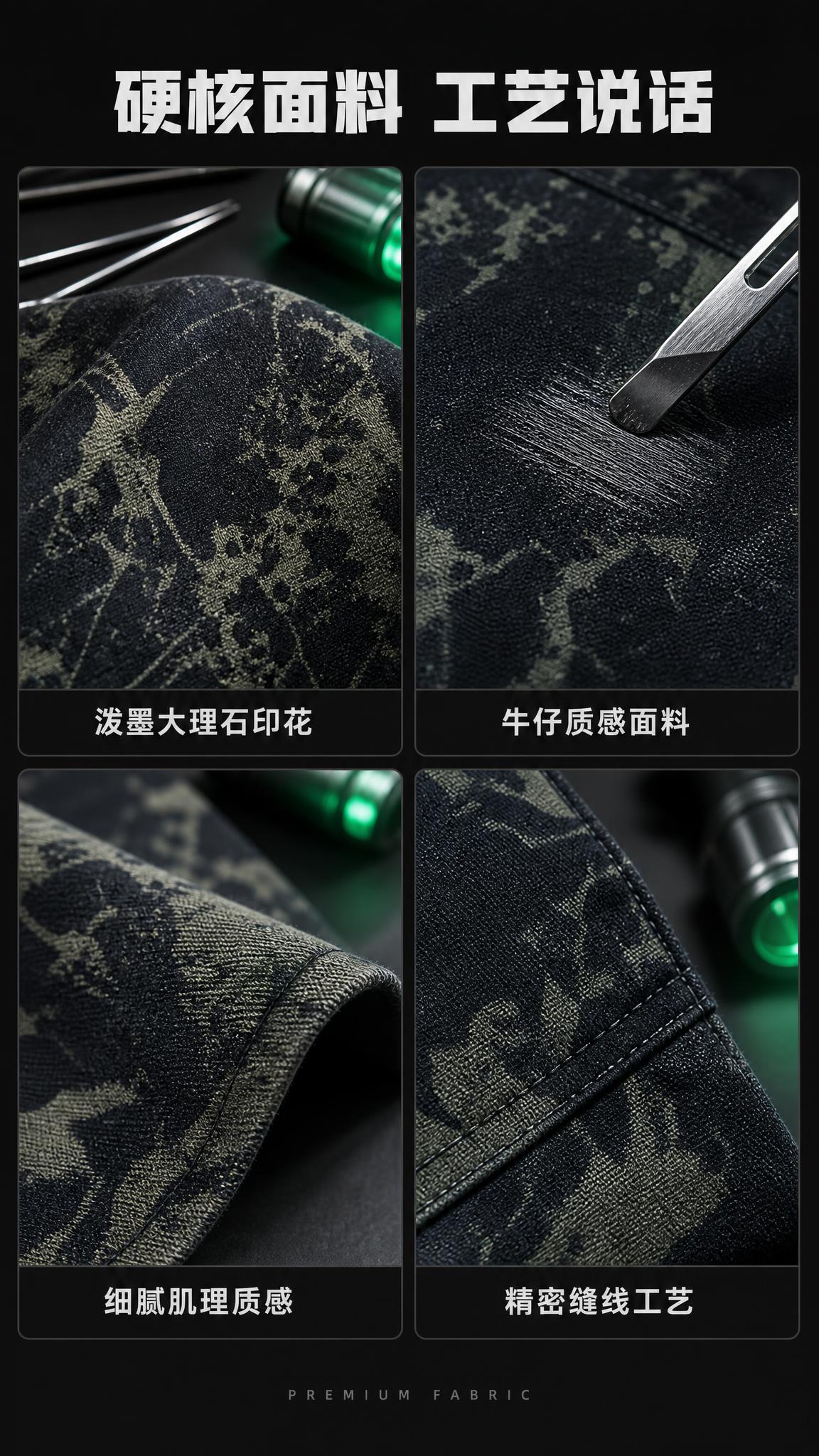 [第4张] 详情页面料工艺-暗绿泼墨大理石纹翻领夹克面料与印花… - 图片创意预览
