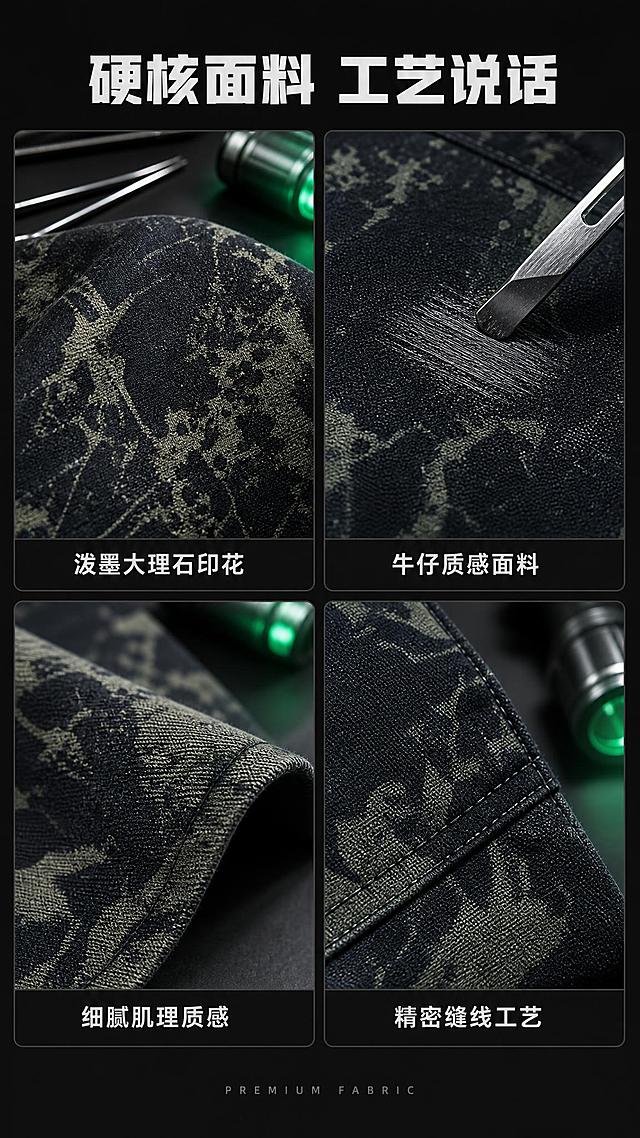 [第4张] 详情页面料工艺-暗绿泼墨大理石纹翻领夹克面料与印花细节特写。本张使用【图1】作为商品主体。
[氛围/风格] 精致高级质感，微距细节摄影风，品质工艺氛围，暗黑工业感。
[元素布局] 采用2×2宫格布局展示四个面料细节特写：左上为泼墨大理石纹微距（展示肌理纹理与色彩层次），右上为面料耐磨测试特写（展示牛仔质感耐磨性能），左下为面料肌理纹理特写（展示面料编织纹路与质感），右下为缝线包边工艺特写；背景为深黑色工业台面+金属镊子+暗绿灯光道具；保持面料颜色、泼墨图案、质感与输入图一致。
[光影质感] 侧上方冷光打亮面料纹理，突出泼墨层次和面料质感，每个宫格内有自然阴影，质感真实细腻。
[配色色系] 全局底色 #141615 深黑色；主色黑绿泼墨大理石纹面料；辅助色银色工具、暗绿灯光；点缀色冷光高光。
[视角构图] 四宫格对称布局，顶部标题区，每格下方配短标签，阅读动线清晰。
[文字版式] 版式为顶部大标题+四宫格细节图+每图下方标签。主标题「硬核面料 工艺说话」，粗黑体大字居中；每格下方小字标签：「泼墨大理石印花」「牛仔质感面料」「细腻肌理质感」「精密缝线工艺」；底部一行小字英文「PREMIUM FABRIC」。
[比例分辨率] 9:16 竖版比例，2K分辨率，文字清晰可辨，高清画质。
[负向提示词] 面料失真，印花模糊，颜色偏差，水印，文字错乱，面料纹理不清。