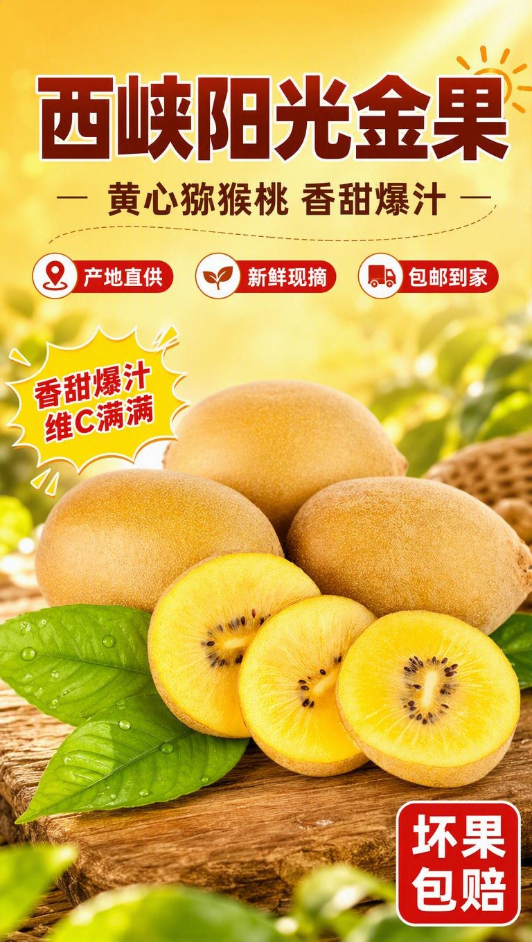 [商品] 使用【图1】西峡阳光金果黄心猕猴桃；保留椭圆形外形、… - 图片创意预览