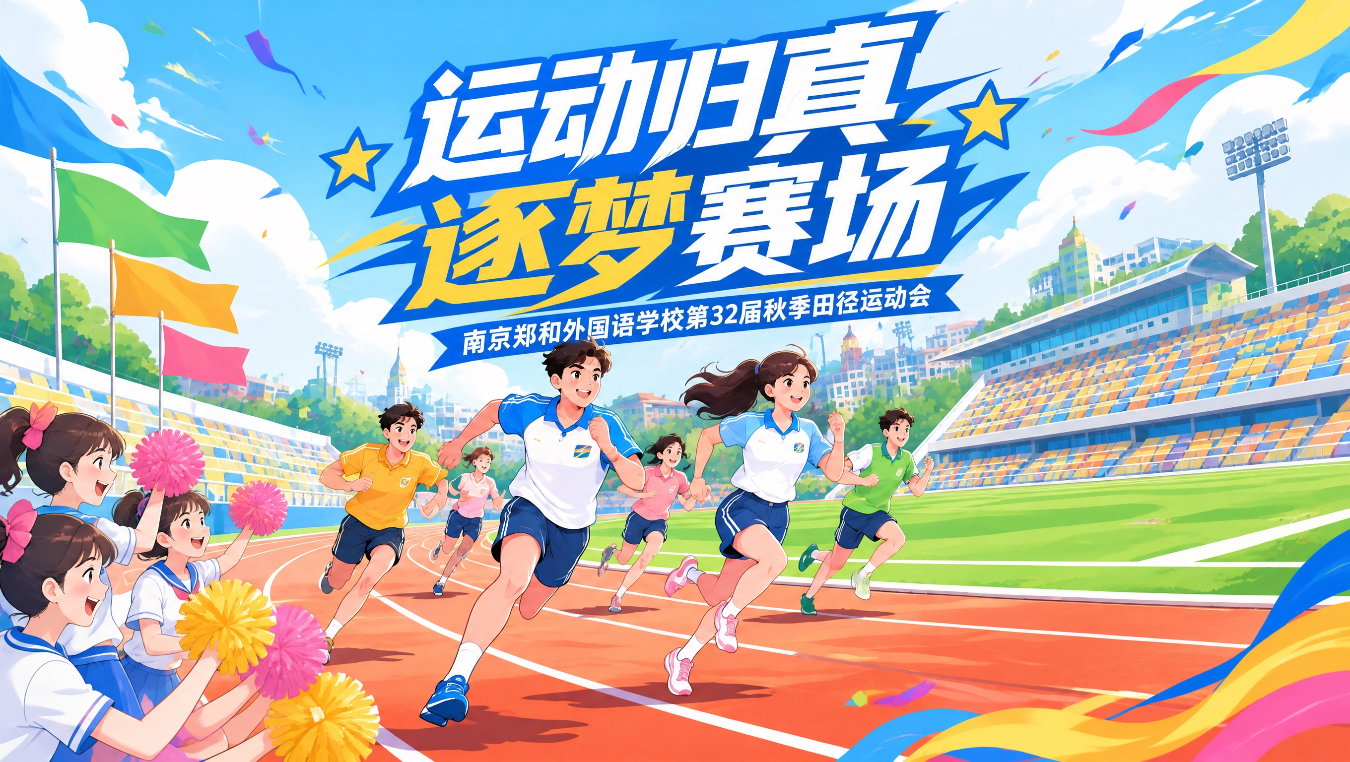 基于参考图进行修改，保留原图的卡通动漫风格、奔跑的学生人物、跑… - 图片创意预览