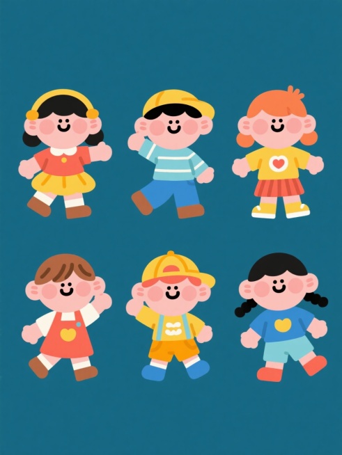 六个穿着不同造型服饰的可爱卡通儿童，每个孩子都有独特的穿搭和动作，采用扁平风格设计，圆润的线条，明亮的色彩，简洁的背景，孩子们面带笑容，表情活泼，排列整齐形成一个系列素材套系，整体风格统一，充满童趣和欢乐氛围。预览效果