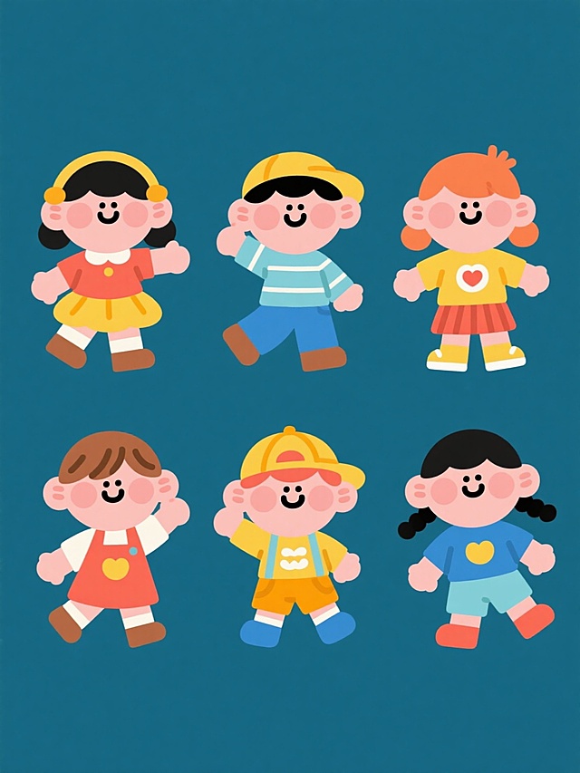 六个穿着不同造型服饰的可爱卡通儿童，每个孩子都有独特的穿搭和动作，采用扁平风格设计，圆润的线条，明亮的色彩，简洁的背景，孩子们面带笑容，表情活泼，排列整齐形成一个系列素材套系，整体风格统一，充满童趣和欢乐氛围。
