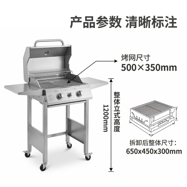 [主图主题] 产品尺寸参数展示
[氛围/风格] 简洁专业，清晰直观
[画面元素] 立式烧烤炉放置画面左侧，右侧清晰标注产品各部分尺寸参数：烤网尺寸 500×350mm，整体立式高度，拆卸后整体尺寸，使预览效果