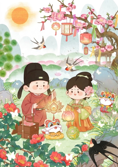 将图中的两个人物改成Q版古风男孩和女孩拿着花灯，男孩和女孩的形象和画风为宋代人物预览效果