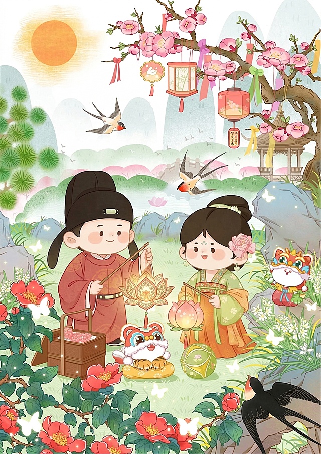 将图中的两个人物改成Q版古风男孩和女孩拿着花灯，男孩和女孩的形象和画风为宋代人物