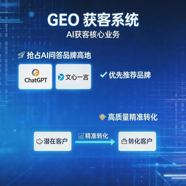 GEO获客系统AI获客核心业务插图，抢占AI问答品牌高地，ChatGPT文心一言优先推荐品牌，高质量精准转化，AI科技未来风格预览效果