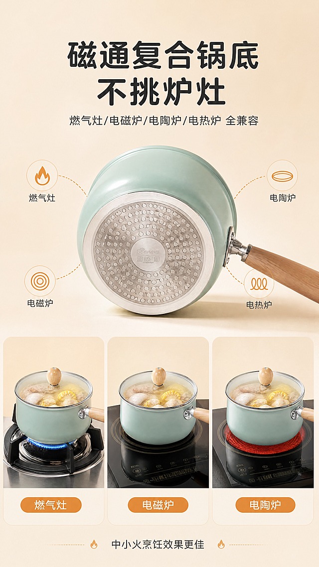 [商品] 使用【图6】薄荷绿钛瓷奶锅底部/正面视角；保留锅身薄荷绿颜色、木手柄、玻璃锅盖结构材质不变，锅底为磁通复合底。
[画面] 第6张·锅底适配页，目标：展示磁通复合锅底不挑炉灶的优势。上下构图，上半部分40%：奶锅锅底特写（仰视角度，展示复合底纹理）+ 4种炉灶图标环绕；下半部分60%：奶锅分别放在燃气灶、电磁炉、电陶炉上的三格小场景横排。阅读动线：上锅底结构→下多炉灶适配展示。前景：锅底/炉面；中景：奶锅+炉灶；后景：浅米杏渐变背景。
[视觉] 套系策略：风格=清新治愈系家居商业摄影，暖调自然光；标题字=圆润黑体粗体；正文字=简洁无衬线体；主色=薄荷绿+浅米杏；背景延展=基于浅米杏做深浅层级、同色渐变和细腻哑光质感；强调色=暖橙色，仅用于小面积图标、引线和标签；标题色=深炭灰；正文色=中暖灰；组件=圆角信息卡、炉灶图标、引线标注；光影=左前侧暖柔光，柔和自然阴影。
[文字] 上部主标题"磁通复合锅底 不挑炉灶"，副标题"燃气灶/电磁炉/电陶炉/电热炉 全兼容"，下部三格每格下方标注炉灶名称，底部加一行"中小火烹饪效果更佳"，文字全部横向排版。
[规格] 图片比例9:16竖版，4K，medium质量。避免变形、错字、文字过小、冷蓝/蓝灰背景、锅颜色改变、锅底结构失真、拼多多logo/水印。