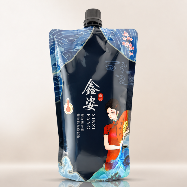 理发店专用鑫姿芳香染发膏，单袋产品正面特写，国潮设计，干净简约背景，电商主图，无功效性文字预览效果