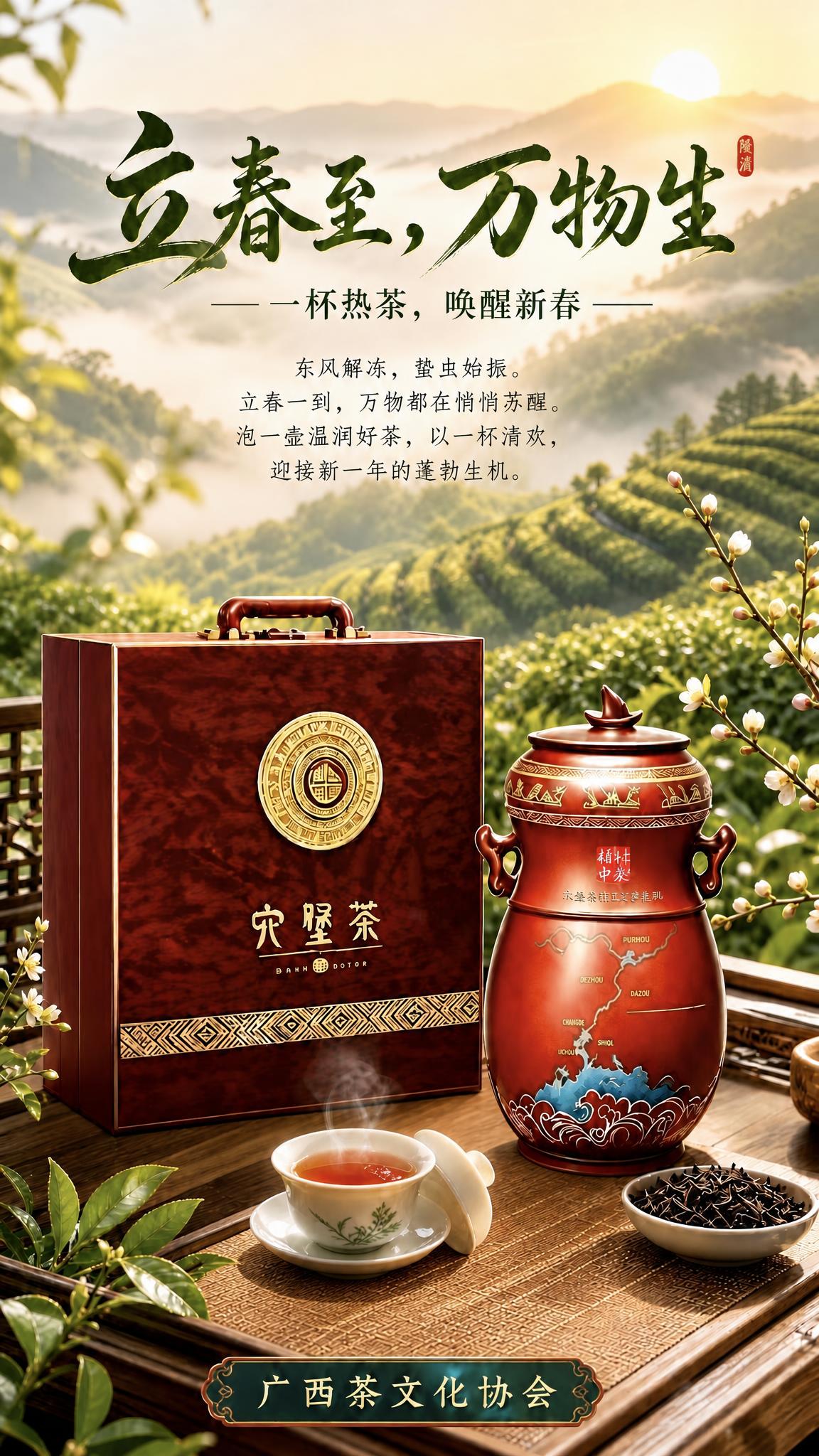 修改画面中的副标题文字：将原有的『一杯春茶，唤醒新年』替换为『… - 图片创意预览