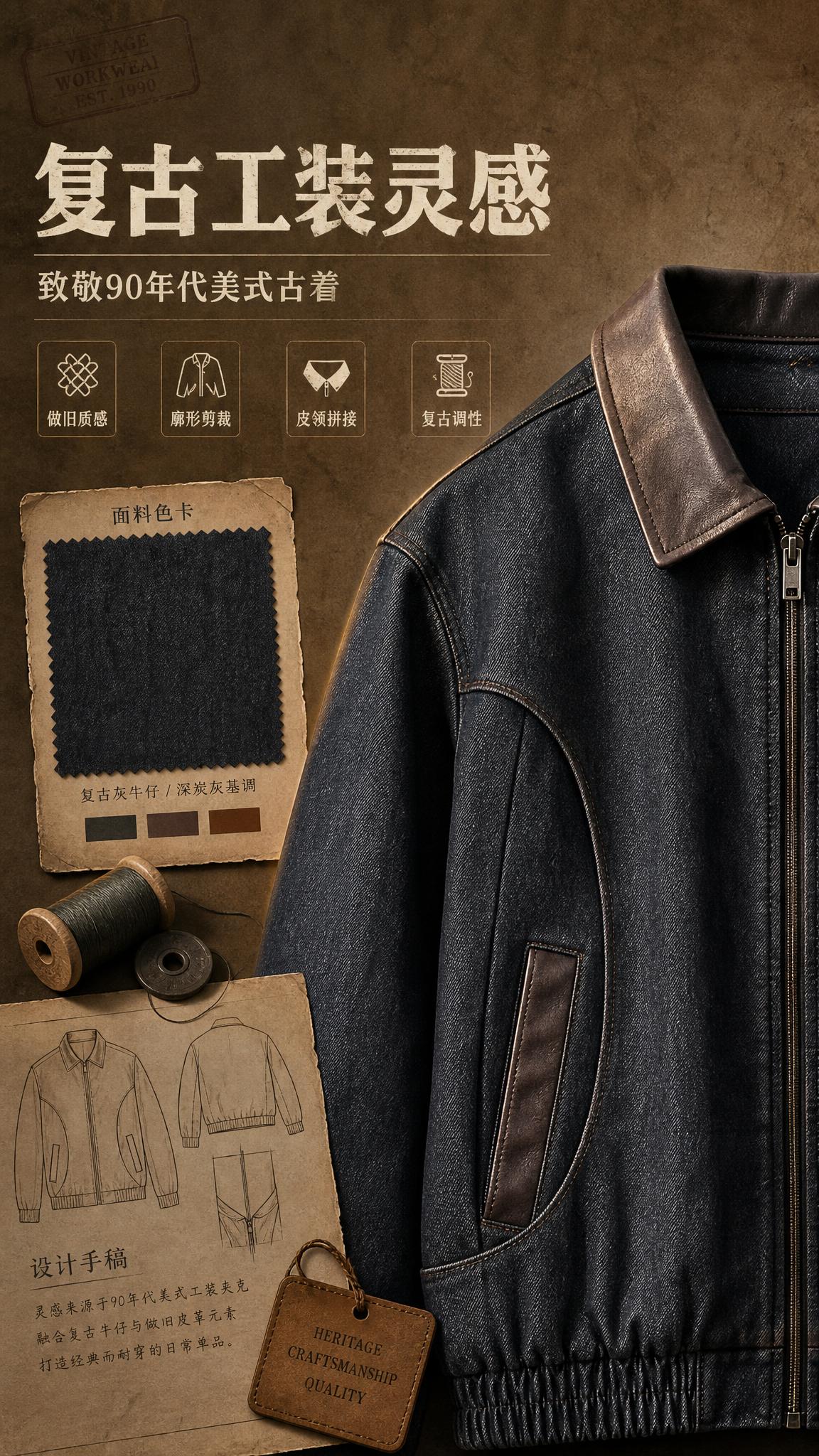 [商品] 使用【图1】复古做旧皮领牛仔夹克；商品处理：保留深灰… - 图片创意预览