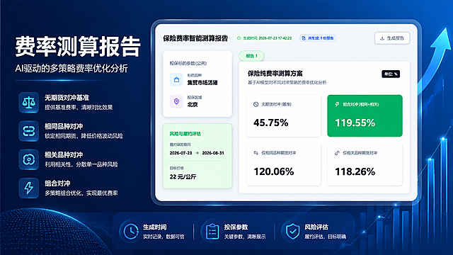 产品宣传画册内页-测算报告模块，横版16:9，深蓝科技商务风格。左侧深蓝色标题栏，大标题"费率测算报告"，副标题"AI驱动的多策略费率优化分析"，下方3个功能亮点：无期货对冲基准、相同品种对冲、相关品种对冲、组合对冲（用图标+短句呈现）。右侧大面积展示软件界面截图（保险费率智能测算报告页面，含45.75%、119.55%、120.06%、118.26%等费率数据卡片和风险履约评估信息），界面带阴影和圆角悬浮效果，周围点缀上升箭头、数据图表装饰元素。底部标注"生成时间、投保参数、风险评估一目了然"。整体数据感强，专业可信。