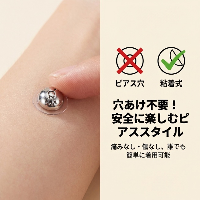 严格还原产品银色金属质感与粘贴背胶设计，单颗假钉外观与参考图完全一致，保持高光金属面与背胶细节。左右分栏布局，左半部分为手指轻按假钉在干净皮肤上的特写，右半部分为“✖️ピアス穴 ✅粘着式”图标化文字，预览效果