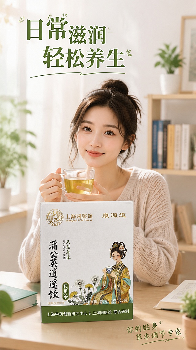 「图片1」，生成一套详情页，商品名称为蒲公英逍遥饮，适配抖音/快手平台，单图比例为9:16，需求屏数为8张。产品卖点如下：1.上海中药创新研究中心&上海国医馆 联合研制
2.纯药食同源食材蒲公英逍遥饮
3.年轻人的第一杯养生茶
4.蒲公英逍遥饮草术您的贴身调节专家
5.严谨配比方便食用替代甜饮更健康
6.口感醇厚料足耐泡真材实料不用边角料，所见即所得