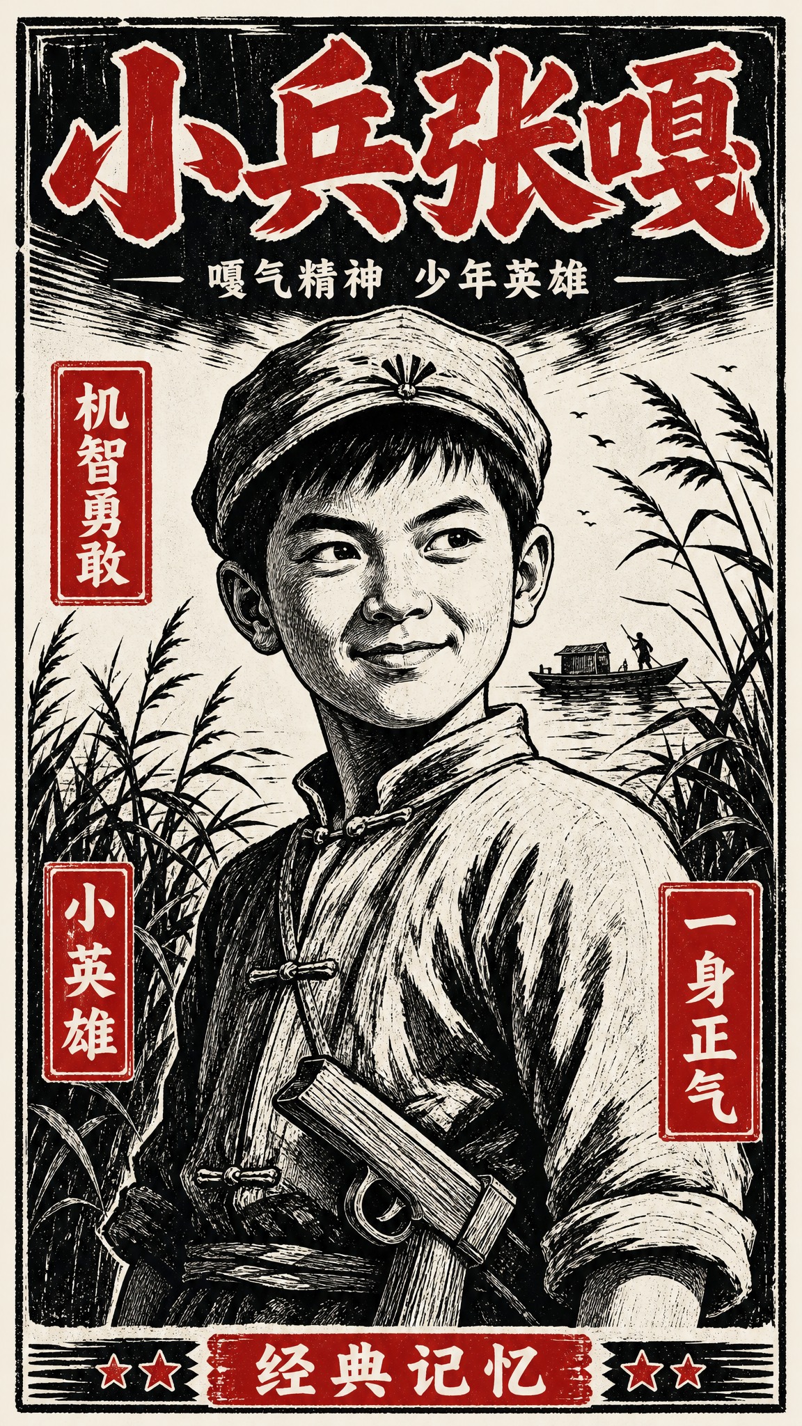 木刻版画风格的少年人物海报，竖版构图。画面中央是一位虎头虎脑的… - 图片创意预览