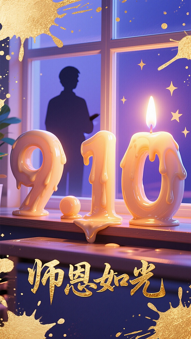 梦幻3D风格，剪影人物与鎏金元素交织，烛光数字“9.10”映衬教师节温馨氛围。