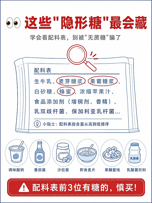 小红书科普内页配图，医疗蓝线稿风格，白底，版式精美，小红书笔记内页质感。顶部大标题逐字锁定：「👀 这些"隐形糖"最会藏」，红色粗体字（警示感）。副标题：「学会看配料表，别被"无蔗糖"骗了」，灰色小字。画面中央是一个放大的食品配料表线稿插画，配料表上用红色圈出「麦芽糖浆」「果葡糖浆」「蜂蜜」等字样，蓝色线稿+红色高亮圈。配料表上方有一个放大镜图标，红色线稿。配料表下方排列6个小图标（线稿风格）：调味酸奶、番茄酱、沙拉酱、即食麦片、果脯蜜饯、乳酸菌饮料，每个图标下方标注名称，蓝色线稿+浅蓝填充。底部加一个红色圆角警示框，内有白色文字「⚠️ 配料表前3位有糖的，慎买！」。整体风格：白底、蓝色细线描边为主、红色作为警示色点缀、医疗科普线稿插画风格统一，符合医疗逻辑。画质：高清细腻，信息层级清晰，文字完整处于安全区内不可裁切，四周留安全边距。画面比例3:4，4K。