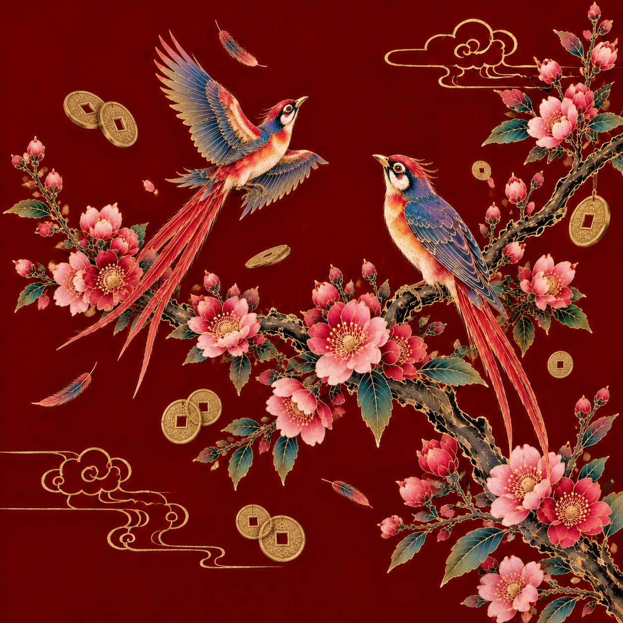 基于参考图修改：左侧飞翔的花雀尺寸调小一些，使其红色长尾的面积… - 图片创意预览
