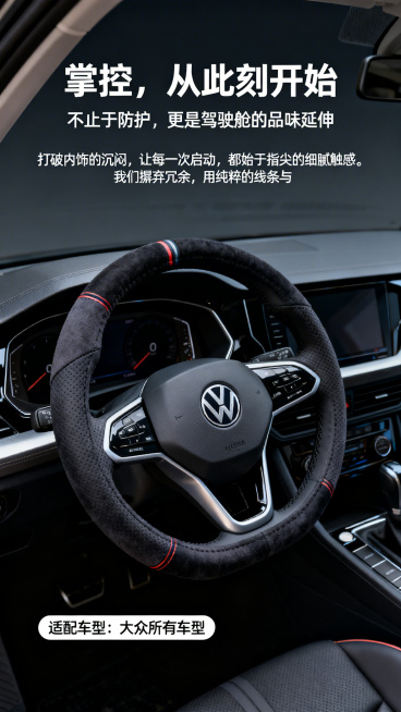汽车方向盘保护套产品宣传图，主标题："掌控，从此刻开始"，副标题："不止于防护，更是驾驶舱的品味延伸"，氛围文案："打破内饰的沉闷，让每一次启动，都始于指尖的细腻触感。我们摒弃冗余，用纯粹的线条与材质预览效果
