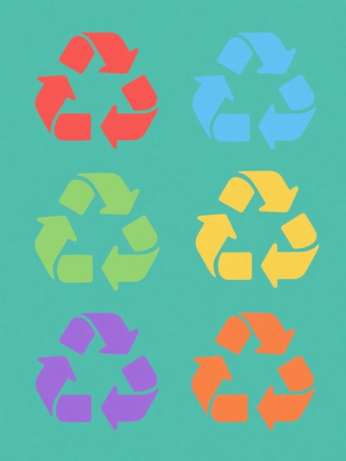 极简平面设计风格的系列环保回收标志集合，包含6个完全不同造型的循环箭头元素，每个箭头造型独特但保持循环回收的核心识别性，采用纯色背景，整体色彩变换为6种不同的鲜明单色（如红、蓝、绿、黄、紫、橙），每个标志规整排布于画面中，保持统一的极简线条风格、几何图形特征和平面化视觉效果，无阴影无渐变，线条流畅清晰，整体构图平衡且具有系列感。预览效果
