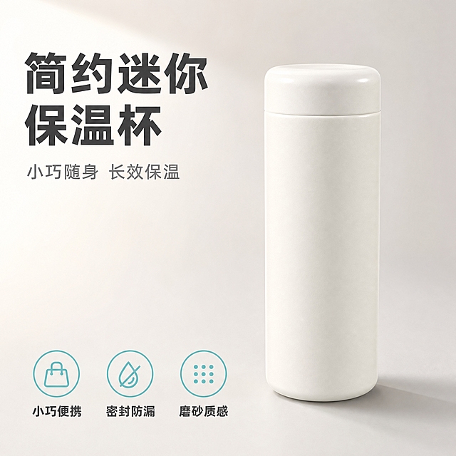 [主图-1] 首图 产品识别与购买欲 展示简约迷你保温杯的整体外观与洁净品质感
[统一基调] 淘宝/天猫专业品质风格 整体干净通透 明亮自然光 浅米白渐变背景 主标题深灰黑体 辅助文字浅灰 强调色用清透蓝绿 字体为无衬线粗体 字号层级分明 无厚重色块 画面清爽高级
[画面] 产品为白色圆柱形迷你保温杯 杯盖与杯身一体白色 磨砂哑光质感 产品居中偏右 占画面约65% 正面微侧45度视角 背景为浅米白到浅灰的柔和渐变 左上角放置主标题 底部放置3个小图标卖点 产品下方有柔和接触阴影 自然不悬浮 杯盖顶部圆润 杯身线条流畅 保持原图产品外观结构颜色完全一致
[光影质感] 商业摄影质感 主光从左上方45度打下 右侧有柔和补光 杯身有细腻的明暗过渡 体现磨砂哑光材质的高级感 阴影柔和自然 整体明亮通透
[配色] 背景浅米白渐变 主标题深灰色 辅助文字浅灰色 图标与强调元素清透蓝绿色 产品为纯白色 整体干净清爽
[文字版式] 左上角主标题大字"简约迷你保温杯" 下方小字副标题"小巧随身 长效保温" 底部横向排列3个圆形小图标 分别配文"小巧便携""密封防漏""磨砂质感" 文字均为横排 不遮挡产品主体 字体统一为无衬线粗体
[输出要求] 比例1:1 2048x2048 产品清晰不变形 文字清晰可读 无错字 无水印 无平台Logo 背景干净不杂乱