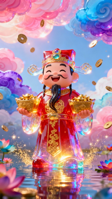 主体：一位Q版的财神爷，位于画面中心，面带微笑，身穿红色官服，头戴官帽，双手各捧一个装满金元宝的金色宝箱。
材质与光效：财神的官服和皮肤不再是普通的布料和皮肤质感，而是半透明的七彩琉璃质感，边缘散发着预览效果