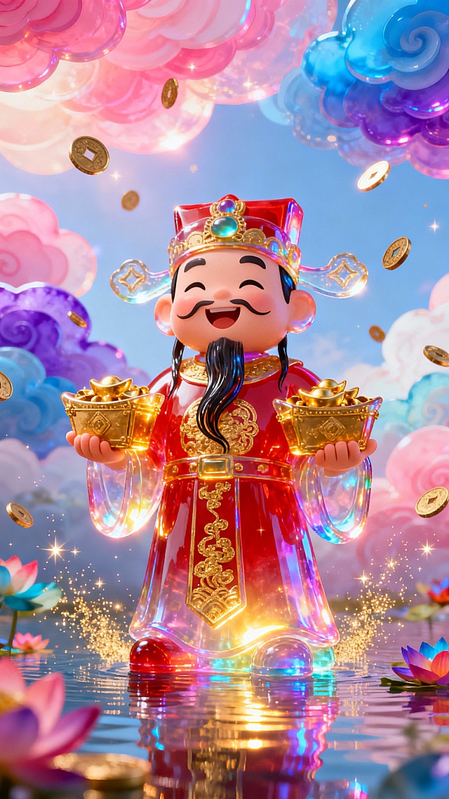 主体：一位Q版的财神爷，位于画面中心，面带微笑，身穿红色官服，头戴官帽，双手各捧一个装满金元宝的金色宝箱。
材质与光效：财神的官服和皮肤不再是普通的布料和皮肤质感，而是半透明的七彩琉璃质感，边缘散发着柔和的光晕。衣服上的金色纹饰发出明亮的光芒，胡须如同流动的墨色光丝。
背景：背景是梦幻的七彩天空，天空中漂浮着层层叠叠的彩色祥云（粉色、蓝色、紫色），祥云发出柔和的光。
新增特效：天空中下着金币雨和七