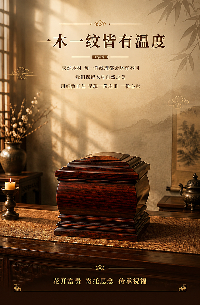 [商品] 使用【图2】花开富贵摘亚木实木骨灰盒45°侧面图；保留产品造型、木纹、颜色，不变形不变色；产品作为画面主体但略缩小，留出更多情感文案空间。
[画面] 尾屏情感收尾页，目标是升华情感，传递品牌温度与心意。产品45°角居中偏下，占画面约40%。上方大面积留白放置情感文案。背景为中式禅意空间，花窗光影柔和，整体氛围宁静温暖，有思念与祝福的情感基调。
[视觉] 套系策略：风格=中式传统庄重商业摄影；标题字=宋体衬线体粗体；正文字=宋体衬线体常规；主色=深棕红（木材本色）；背景延展=暖米色+深棕色渐变，中式纹理、云纹、竹叶暗纹做底；强调色=暗金色，仅用于装饰线条、图标、分割线；标题色=深棕色；正文色=中棕色；组件=中式回纹边框、云纹装饰、细线分割；光影=暖调柔光，氛围宁静祥和。
[文字] 上方主标题"一木一纹皆有温度"，下方段落文字："天然木材 每一件纹理都会略有不同 我们保留木材自然之美 用细致工艺 呈现一份庄重 一份心意"。底部收尾："花开富贵 寄托思念 传承祝福"。文字排版疏朗有致，情感真挚。
[规格] 宽度790px，高度1200px，4K，氛围温暖庄重，文字清晰有温度，产品不变形不变色。负向：氛围轻浮、现代元素杂乱、变形、色差、水印。