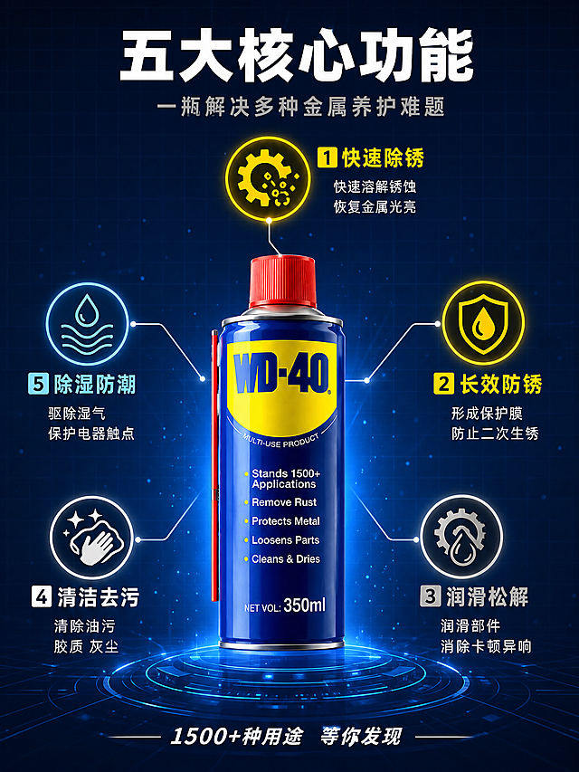 [第3张] 详情页五大核心功能解析-WD-40功能详解。本张使用【图1】作为商品主体。
[氛围/风格] 高级工业科技风，信息丰富，结构清晰，专业精密感。
[元素布局] WD-40产品位于画面中央，占比约40%，正面展示。五大功能以放射状引线从产品向四周展开，每个功能配一个圆形图标和说明文字。背景为深蓝科技感背景，带有细微网格线和光效粒子。五个功能分别对应：除锈、防锈、润滑、清洁、除湿。每个功能区有独立的图标和简短说明。保持WD-40产品外观与输入产品图完全一致。
[光影质感] 正面柔光均匀打亮产品，边缘有金属高光勾勒，背景有微弱光晕衬托产品，整体通透高级，功能图标有发光效果。
[配色色系] 全局底色 #0A2463 深邃藏蓝；主色藏蓝；辅助色明黄 #FFD700（功能1/2）、银灰 #C0C0C0（功能3）、纯白（功能4）、浅蓝 #87CEEB（功能5）；点缀色正红。
[视角构图] 正面平视，产品居中，五大功能呈放射状环绕，满版构图，信息丰富但层次分明，阅读动线由中心向四周扩散。
[文字版式] 顶部主标题「五大核心功能」白色粗黑体大号居中；副标题「一瓶解决多种金属养护难题」银灰色中号居中。五个功能点引线标注：1.上方「快速除锈」黄色图标+文字「快速溶解锈蚀 恢复金属光亮」；2.右上「长效防锈」黄色图标+文字「形成保护膜 防止二次生锈」；3.右下「润滑松解」银灰图标+文字「润滑部件 消除卡顿异响」；4.左下「清洁去污」白色图标+文字「清除油污 胶质 灰尘」；5.左上「除湿防潮」浅蓝图标+文字「驱除湿气 保护电器触点」。底部一行小字「1500+种用途 等你发现」白色斜体。
[比例分辨率] 3:4竖版比例，4K分辨率，文字清晰可辨，高清画质。
[负向提示词] 变形，水印，文字错乱，产品图模糊，引线混乱，图标不清晰。