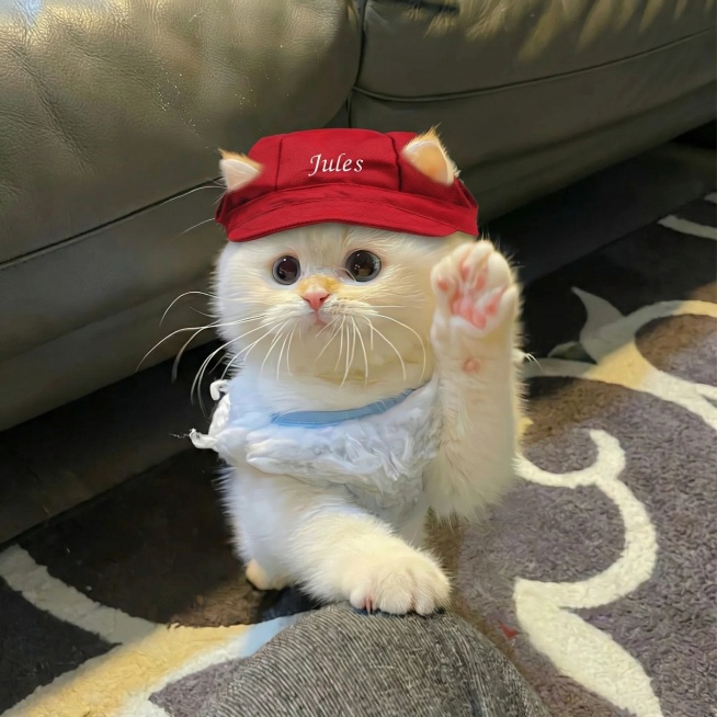 给图中的乳白宠物猫戴上图2的红色Jules宠物帽，让猫的两只耳朵从帽子两侧露出来，保留原图沙发背景、猫咪姿势和蓝色围兜，保持风格自然真实预览效果
