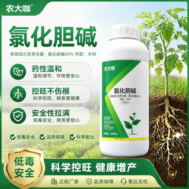 拼多多电商主图，农大咖氯化胆碱，突出卖点"药性温和，控旺不伤根，安全性拉满"，展示产品温和安全的特点，搭配根系健康的作物示意图，1:1正方形，绿色农资风格，干净排版预览效果