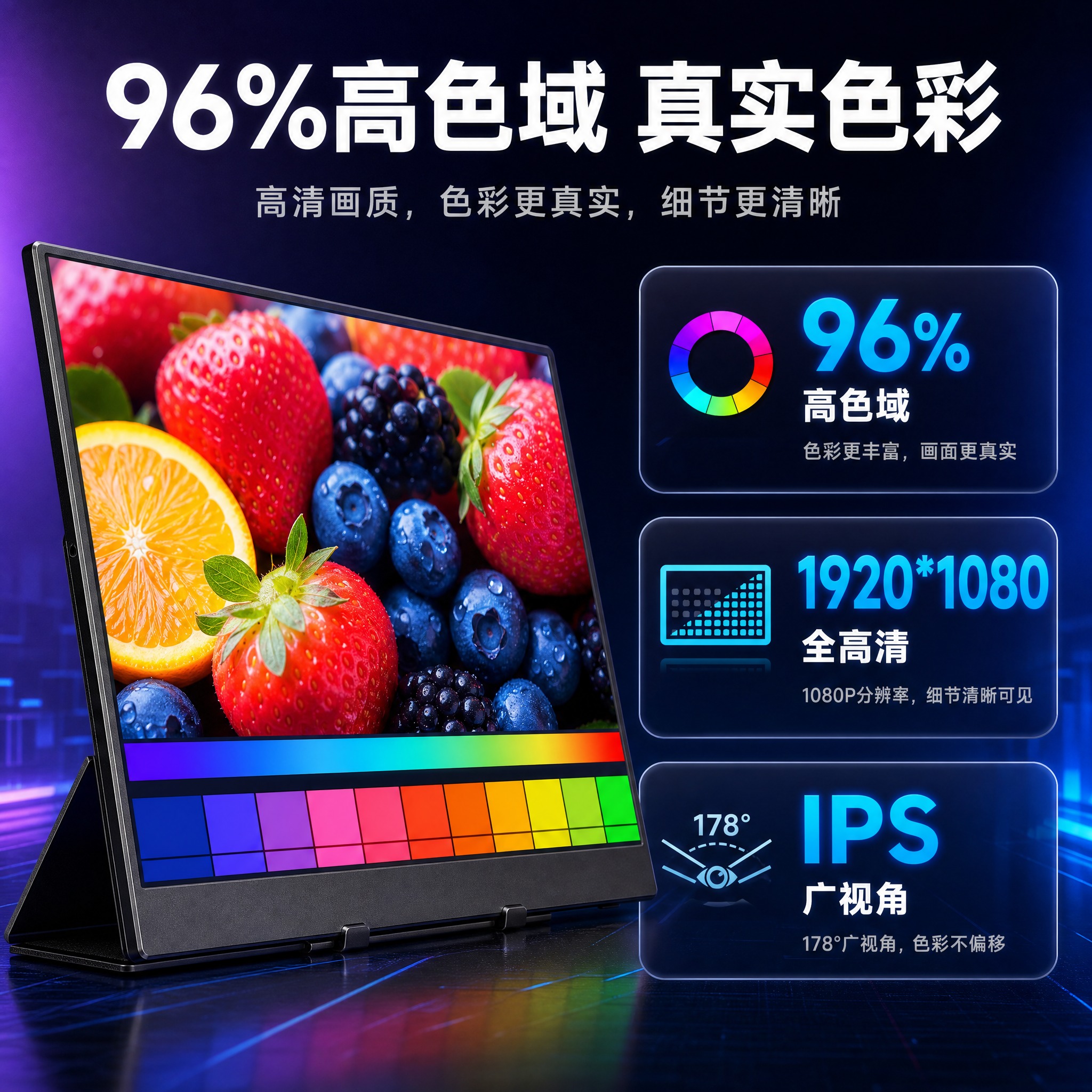 [主图-2] 主题：核心卖点总览，突出96%高色域与1080P… - 图片创意预览