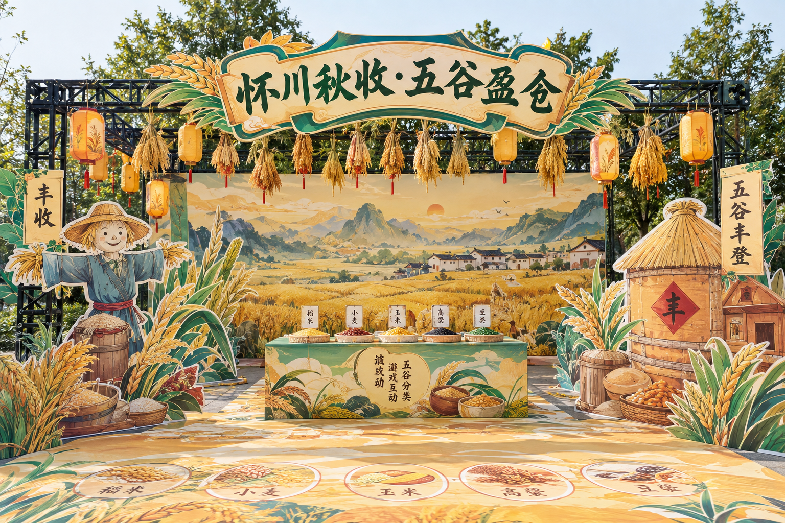 第三站怀川秋收打卡点美陈效果图，古风沉浸式游园会风格，桁架搭建… - 图片创意预览