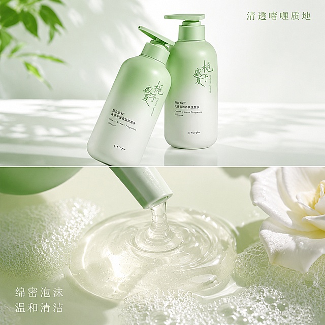 [主图-3] 沐浴露质地细节展示；
[氛围风格] 纯净治愈，突出产品质感；
[画质] 商业摄影质感、光线柔和通透、产品清晰真实、画面干净高级；
[元素] 画中画版式，上半部分展示输入图的完整沐浴露产品，下半部分放大特写挤出的沐浴露质地，呈现清透啫喱状态，带有绵密细腻泡沫，旁边点缀半朵栀子花；保持产品外观与输入产品图绝对一致，杜绝任何变形和色差，精细化处理。商品主体占比70%；画面满屏。
[光影] 侧逆光展示质地清透感，泡沫带有柔和高光，整体通透干净；
[配色] 浅绿+透明质感，整体干净清爽；
[视角构图] 上下构图，上产品下细节，分层清晰；
[文字版式] 右上角负空间标注“清透啫喱质地”浅绿色小字，下半部分特写框左下角标注“绵密泡沫 温和清洁”白色小字，不遮挡细节；
[比例分辨率] 1:1 比例，4k 分辨率；文字清晰锐利，画面超高清；
[负向提示词] 变形，文字错乱，产品图模糊，背景杂乱，水印，电商平台Logo，文字遮挡主体