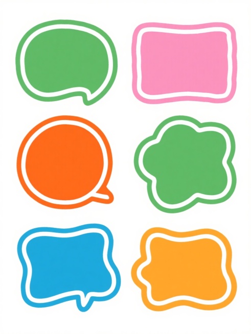 一组6个完全不同形状的手绘风格文本框系列素材集合，每个文本框均采用纯色填充，边缘带有一圈白色描边线条勾勒轮廓，保持与原图一致的圆润、有机、略带童趣的手绘艺术风格，整体视觉呈现简洁明快、活泼友好的氛围。所有文本框内部无任何文字，以规整的网格状排布于纯白色背景之上，6个文本框分别使用6种不同的鲜明配色，每个文本框的形态设计各具特色，彼此之间不存在重复或相似的轮廓形状，展现出丰富的视觉多样性。预览效果