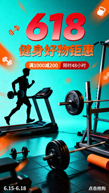 618电商活动促销海报，主题是健身器材，整体风格动感活力，突出健身氛围和618优惠促销信息，画面包含显眼的主标题"618"和副标题"健身好物钜惠"预览效果