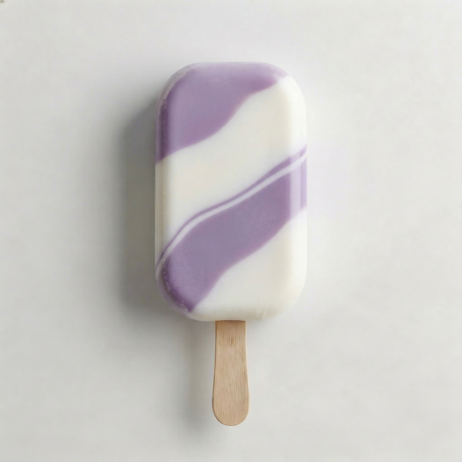 参考雪糕的材质和形状，生成第1款简约不花哨的流体花纹雪糕，香芋淡紫和牛奶白融合，纹路简洁干净，不要过多复杂图案，保留冰润质感预览效果