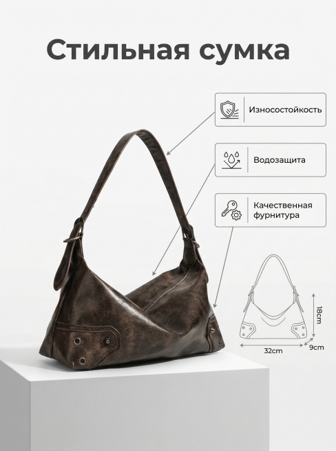 基于原包修改，将包包放在哑光白低矮展台上，轻微侧摆，整体为纯白背景；画面右侧留白区域添加标准尺寸32x9x18cm长宽高标尺示意图，添加三个极简细节框，分别放置俄文卖点Износостойкость、预览效果