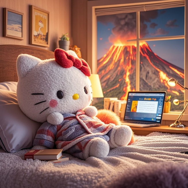 kitty cat在床上睡觉，窗外火山爆发预览效果