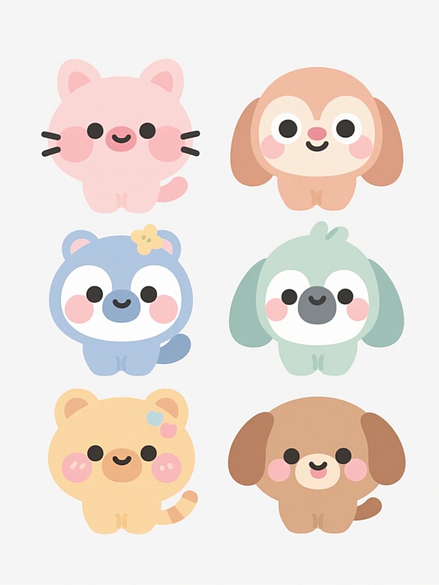 白色背景上排列整齐的6个Q版动物，每个动物形态各异、外观独特，均为圆润可爱的卡通风格，线条简洁流畅，色彩明快柔和，采用马卡龙色系为主色调，每个动物都有大大的眼睛和腮红，表情天真无邪，搭配不同的小巧装饰物和简单背景元素，整体风格统一且充满童趣。