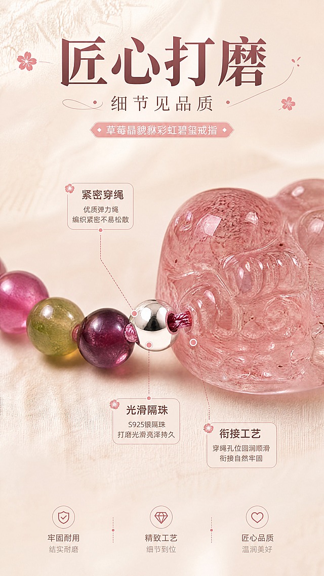 [商品] 使用【图1】草莓晶貔貅彩虹碧玺戒指；重点放大展示貔貅两侧的穿绳接口处细节，保留银色隔珠、绳结/穿线结构、珠子与貔貅衔接处的工艺细节；保留草莓晶貔貅的部分晶体和相邻的碧玺珠子作为参照；增强金属隔珠的光泽和绳线的编织纹理，体现精细做工。
[画面] 页面目标：工艺细节展示，突出匠心品质。构图：微距特写，穿绳接口处位于画面中心，占画面约50%面积；从侧面角度展示银色隔珠与貔貅、碧玺珠之间的衔接工艺，绳线整齐紧密；背景是浅米色柔焦虚化，旁边用细引线标注关键工艺点；整体突出细节的精致度。
[视觉] 套系策略：风格=温暖治愈系精致生活商业摄影；标题字=圆润柔美衬线粗体；正文字=纤细优雅无衬线体；主色=浅粉米色；背景延展=基于浅粉米色做深浅渐变、亚麻织物纹理、艺术纸肌理；强调色=玫瑰粉，仅用于小面积图标、引线和装饰光点；标题色=深玫瑰棕；正文色=暖灰棕；组件=圆角浅底信息卡、细曲线引线、小花朵装饰；光影=侧前方柔和暖光，突出金属隔珠的反光和绳线的纹理质感，阴影柔和。
[文字] 画面上方横向排列主标题"匠心打磨"，副标题"细节见品质"，文字不遮挡接口细节主体，旁边可用小字标注工艺特点（如"紧密穿绳""光滑隔珠"），全部横向排版。
[规格] 图片比例9:16竖版，4K分辨率，避免变形、错字、文字过小、冷蓝/冷灰背景、接口结构失真、工艺细节模糊。
