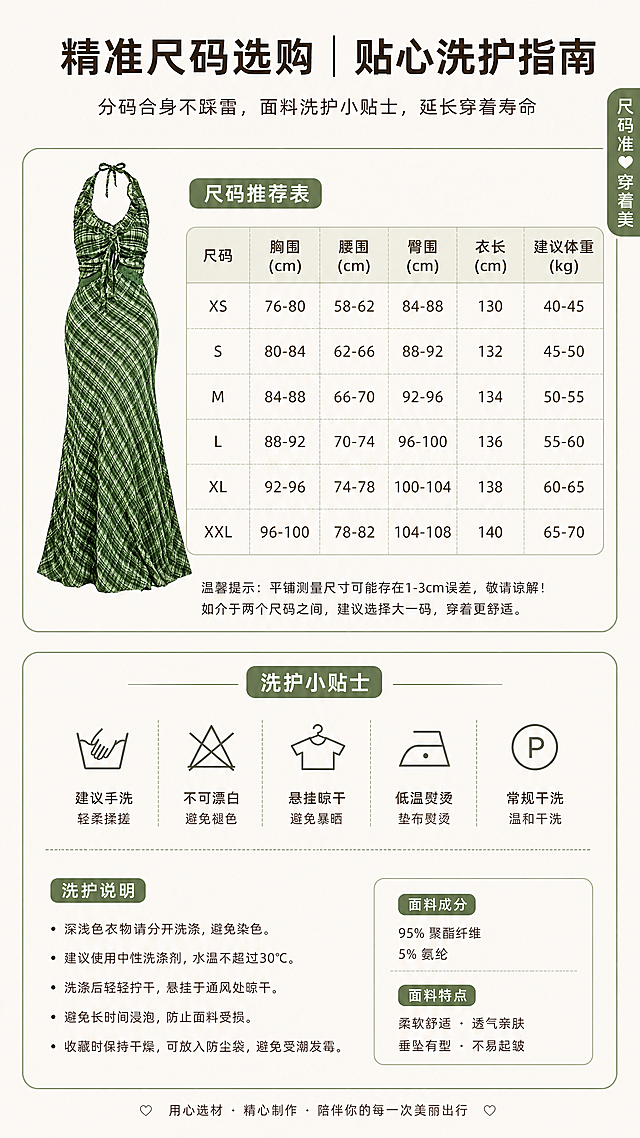 「图片1」「图片1」「图片1」「图片1」「图片1」「图片1」「图片1」，根据上面照片结合下面10屏信息，生成一套详情页，商品名称为法式气质优雅V领格纹挂脖连衣裙夏季新款设计感收腰显瘦绝美长裙，第 1 屏【首屏海报】 主标题：复古绿格挂脖长裙・法式度假氛围感天花板 副标题：高腰线显瘦藏肉｜出游探店随手出片 第 2 屏【痛点场景屏】 主标题：告别穿搭烦恼，一条适配全场景 副标题：腰腹赘肉 / 胯宽腿粗 / 肩宽显壮通通修饰，海边 / 约会 / 下午茶一键搞定 第 3 屏【五大核心卖点汇总】 主标题：5 大匠心设计，打造神仙显瘦版型 挂脖 V 领→修饰肩颈线条 抽褶收腰→隐藏小肚赘肉 复古绿格→黄皮百搭显白 褶皱面料→轻薄透气抗皱 大摆长裙→藏胯修饰腿型 第 4 屏【领口细节解析】 主标题：定制挂脖 V 领，优化头颈比例 副标题：可调节胸前绑带，修饰斜方肌、修饰圆脸方脸，不空杯不闷胸 第 5 屏【高腰剪裁解析】 主标题：黄金高腰线，秒变三七身材 副标题：腰位上提收褶设计，收紧腰腹，藏肚不勒肉，苹果身材福音 第 6 屏【面料 & 印花解析】 主标题：肌理褶皱面料 + 小众绿格印花 副标题：透气不粘肤｜夏日不闷汗，复古撞色绿格，素颜黄皮巨显白 第 7 屏【裙摆版型解析】 主标题：飘逸大摆鱼尾裙摆，藏肉显瘦一绝 副标题：包容假胯宽、O 型腿、肌肉小腿，垂坠灵动走路自带氛围感 第 8 屏【多场景穿搭指南】 主标题：一裙多穿，承包整季穿搭 度假出游：草编包 + 凉鞋，森系松弛感 精致约会：细跟鞋 + 首饰，优雅法式风 早晚降温：外搭小开衫，日常通勤百搭 第 9 屏【尺码 & 洗护参数】 主标题：精准尺码选购｜贴心洗护指南 副标题：分码合身不踩雷，面料洗护小贴士，延长穿着寿命 第 10 屏【售后信任保障】 主标题：无忧购物，售后安心兜底 副标题：48h 现货速发｜七天无理由退换｜赠送运费险 侧边悬浮短标语（详情侧边固定小字） 小众不撞款，度假出片神裙 全维度藏肉，各种身材适配适配淘宝/天猫平台，单图比例为9:16，需求屏数为10张。