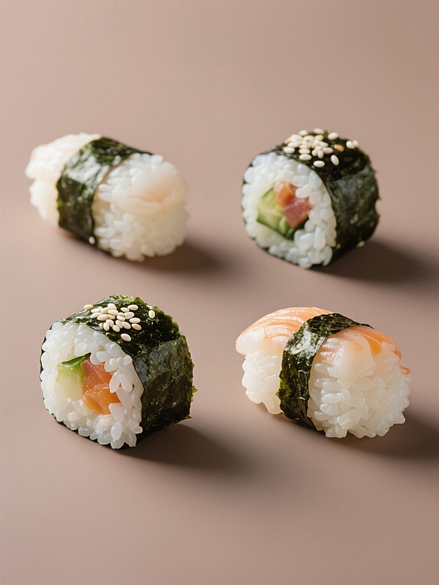 超写实摄影风格的日料寿司系列海报，纯色背景，4个完全不同的日料寿司元素规整排布成集合。每个寿司都有清晰的纹理细节，米饭颗粒饱满，表面撒有白芝麻，海苔呈现出自然的深绿色光泽，内部食材色彩鲜艳。整体光影柔和，高光和阴影过渡自然，突出寿司的立体感和新鲜感。视觉层级分明，每个寿司作为独立元素大小均匀，排列整齐，信息传达高效，符合日料美食宣传的设计感，目标受众为喜爱日式料理的人群，设计风格简洁清新，能在短时间内吸引注意力并传达美味寿司的核心信息。