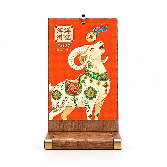 产品精修，使用A款木架台历（洋洋得亿款）生成纯白背景白底图。严格保留台历原始设计：木质底座+黄铜包角、金属环装订、橙色菱格背景羊年国潮插画、"洋洋得亿"标题、"2027 农历丁未年"小字。产品置于纯白背景上，专业商业棚拍光，5500K标准中性白光，轮廓光，体积光，曝光正确，强烈真实立体感，接地处保留干净浅淡的自然接触阴影，主体居中，商品完整入画不裁切，商品外轮廓视觉体量约画面60%-80%，四边均匀留白，极致超清画质，细节清晰锐利，商业级实拍质感，木质纹理清晰，金属有光泽，纸张质感真实，正视图，标准透视校正，比例1:1
