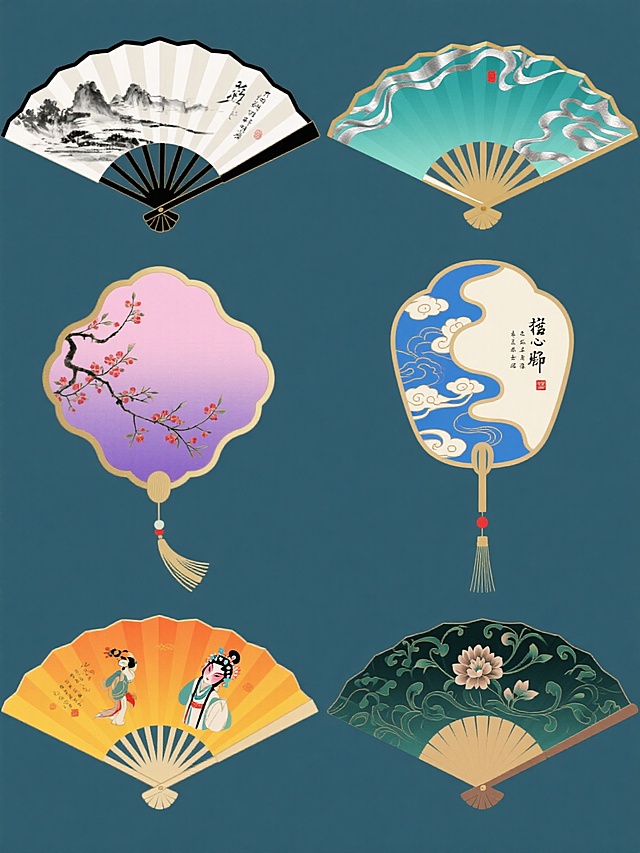 六个不同样式的中国传统扇子系列素材集合，规整排布在纯色背景上，每个扇子保持传统扇面结构但造型各异：有的扇骨呈流线型弧度，有的为几何棱角状，有的扇面边缘有波浪纹装饰，有的整体呈椭圆形，有的带有不对称剪裁设计，有的扇骨末端有流苏装饰；色彩上每个扇子整体色调完全不同，包括水墨黑白色调配金色勾边、青绿色渐变配银色花纹、靛蓝色底纹配红色点缀、粉紫色系晕染效果、橙黄色明亮色系、墨绿色复古色调；每个扇面都有不同的传统花纹内容，有的是山水写意画，有的是花鸟工笔画，有的是吉祥云纹图案，有的是书法文字，有的是传统戏曲人物，有的是缠枝莲纹样；所有扇子都具有类似原图的浮雕质感和光泽感，保持平面化设计风格，整体排列整齐有序，形成一个视觉统一又各具特色的系列素材集合。