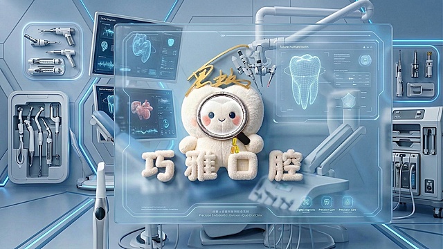 未来感科技牙科空间，软3D拟人萌物手持放大镜，玻璃风透明界面融合虚拟现实诊断，可爱卡通风格诠释精准口腔护理。