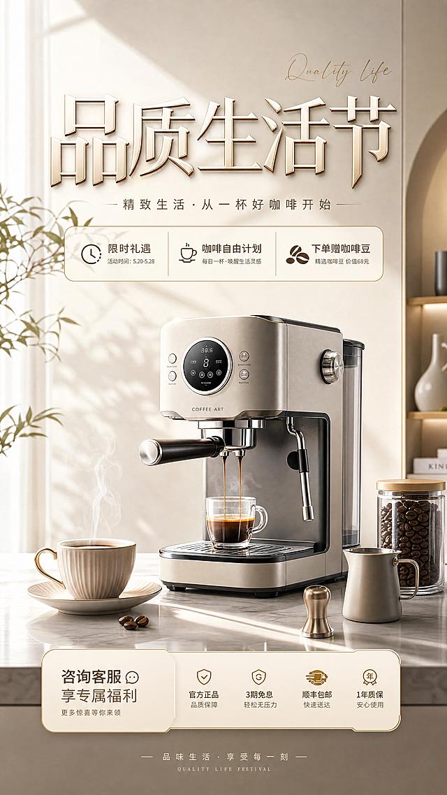 现代感与奢华感交融的3D风设计，金属质感咖啡机搭配鎏金元素，光影流动间传递温馨与优雅，诠释品质生活节的科技美学。