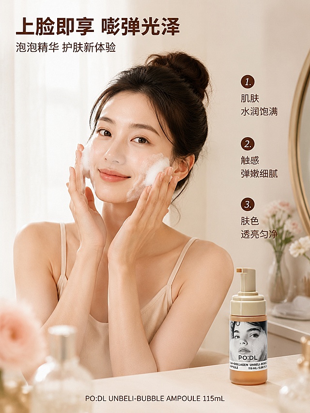 [第4屏] 真人效果 · PO:DL泡泡精华面部使用中状态展示。本屏使用【图1】作为产品主体，与真人模特同屏融合。
[氛围/风格] 实物场景拍摄风格，自然光感，真实护肤场景，温暖治愈，商业人像摄影质感。
[元素布局] 画面中央为亚洲女性模特半身像，约25岁左右，肤质细腻有光泽，面带微笑，双手正在脸颊涂抹泡泡精华，脸上有少量绵密白色泡泡；产品瓶身置于模特右前方梳妆台上，占比约20%，保持瓶身结构、米色泵头、琥珀色瓶身、标签人像与输入图一致；背景为浅米色卧室梳妆台，有柔和窗纱光线，台面上有镜子、小花瓶装饰；前景虚化增加层次。
[光影质感] 左侧窗光为主光源，柔和漫射，人物面部光影自然，肌肤有通透光泽感，整体温暖明亮。
[配色色系] 全局底色 #F7F1EA 暖米杏色；主色肤色+暖白；辅助色琥珀棕、浅粉米色。
[视角构图] 正面平视，人物居中偏左，产品在右下，阅读动线左上标题 → 人物 → 右下产品+卖点。
[文字版式] 左上标题区：主标题「上脸即享 嘭弹光泽」，副标题「泡泡精华 护肤新体验」；右侧竖排3个编号效果点：「1. 肌肤水润饱满」「2. 触感弹嫩细腻」「3. 肤色透亮匀净」；文字为深棕色无衬线体，编号配圆形图标；底部标注「PO:DL UNBELI-BUBBLE AMPOULE 115mL」。
[比例分辨率] 3:4竖版比例，4K分辨率，文字清晰可辨，高清画质。
[负向提示词] 产品变形，标签错误，人物失真，肤色不自然，水印，文字模糊，医疗化对比图。